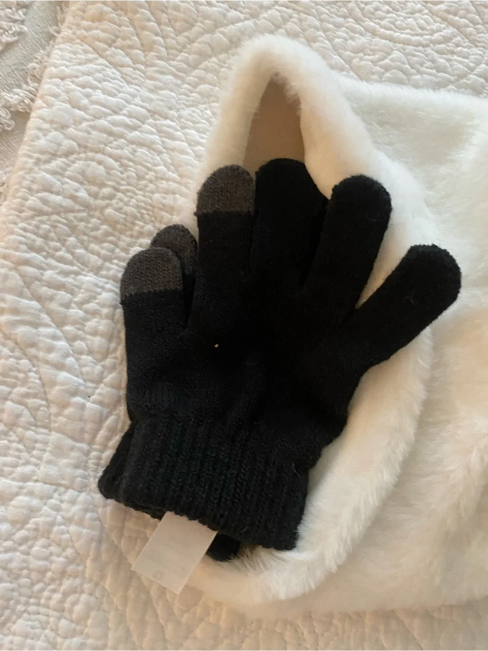 Justice White Faux Fur Panda Beanie with Black Sequin Ears and Black Gloves